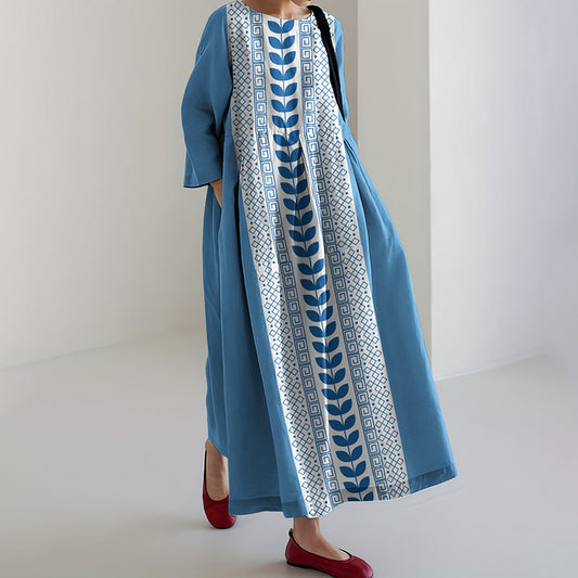 Greek Key And Floral Print Crew Neck Loose Midi Dress artswardrobe