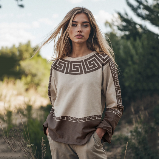 Retro Greek Key Pattern Art Linen Blend Long Sleeve T-shirt artswardrobe