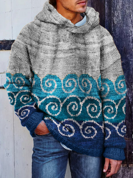 Men's Japanese Sea Waves Colorblock Cozy Knit Hooded Sweater elevenforest