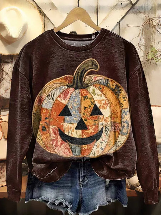 Comstylish Women's Vintage Halloween Pumpkin Pattern Crewneck Sweatshirt