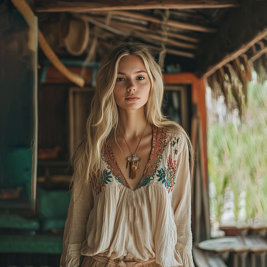 Retro Boho Tribal Art Embroidery Print Cotton And Linen V-neck Loose Shirt artswardrobe