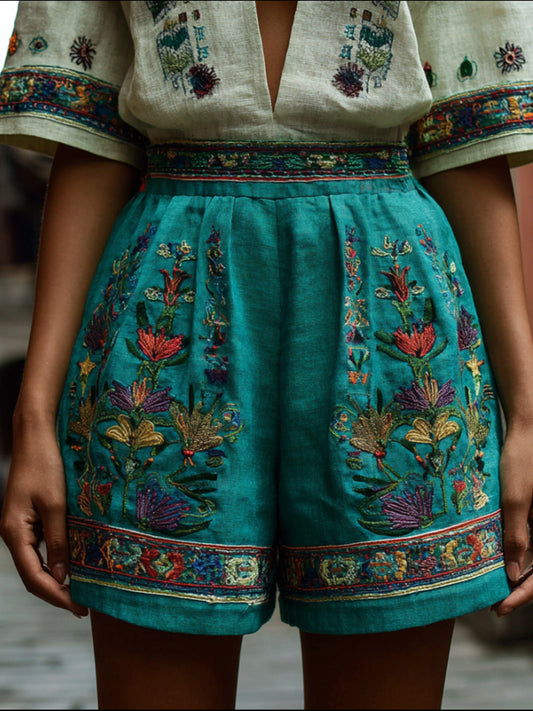 Bohemian Style Plant Small Flower Embroidery Shorts artswardrobe