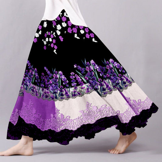 Vintage Lavender Gradient Lace Art Embroidered Pattern Flowy Wide Skirt artswardrobe