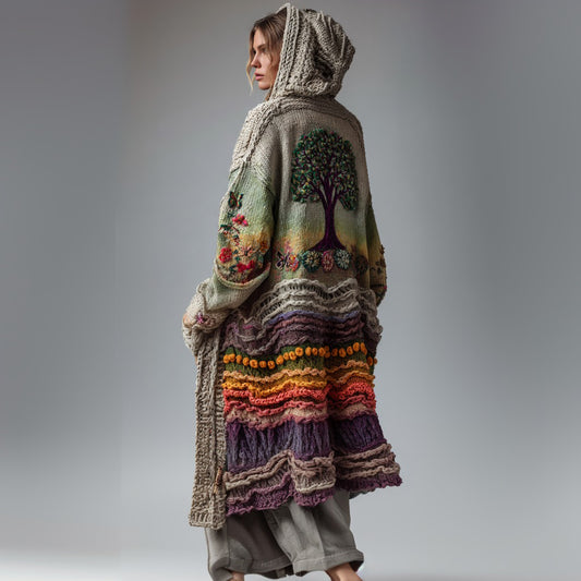 Comstylish Women's Tree Of Life Floral Bohemian Patchwork Art Knit Maxi Hooded Cardigan