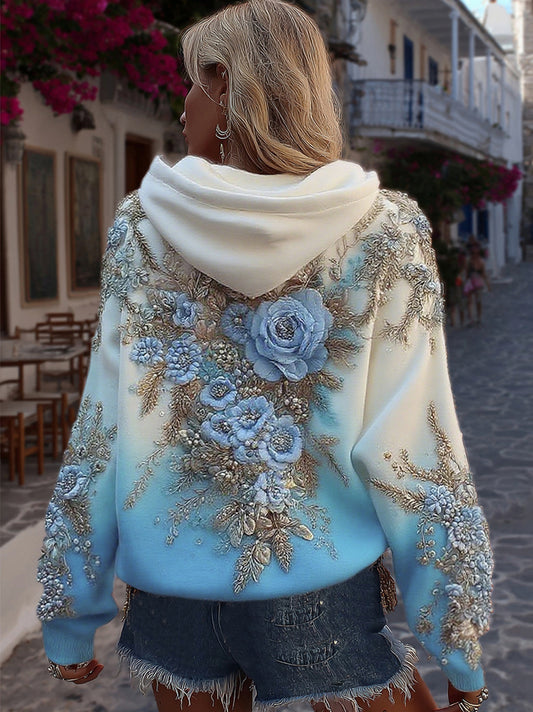 Women's Classic Rose Embroidery Art Comfy Hoodie artswardrobe