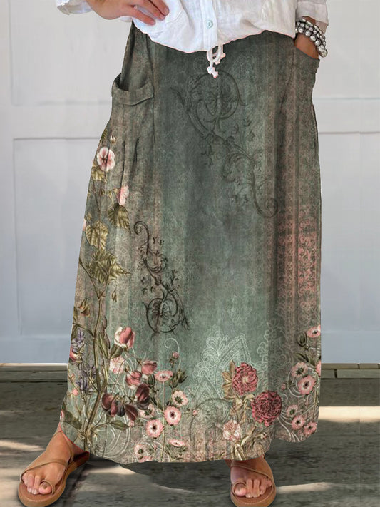 Women's Vintage Folk Floral Art Pattern Print Linen Pocket Skirt