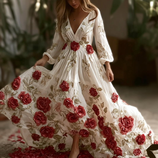 Bohemian Style Red Rose Retro Cotton And Linen Woman's V-neck Dress elevenforest