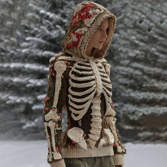 Comstylish Women's Vintage Skeleton Flower Art Cozy Hooded Sweater