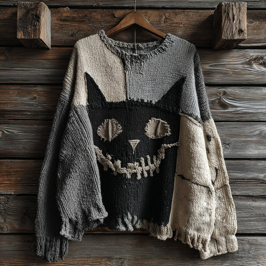 Halloween Black Cat Spooky Face Contrast Stitched Cozy Knit Sweater
