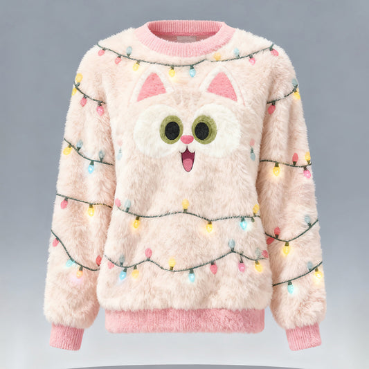 Comstylish Women's Fun Christmas Cat Comfortable Plush Crew Neck Sweatshirt