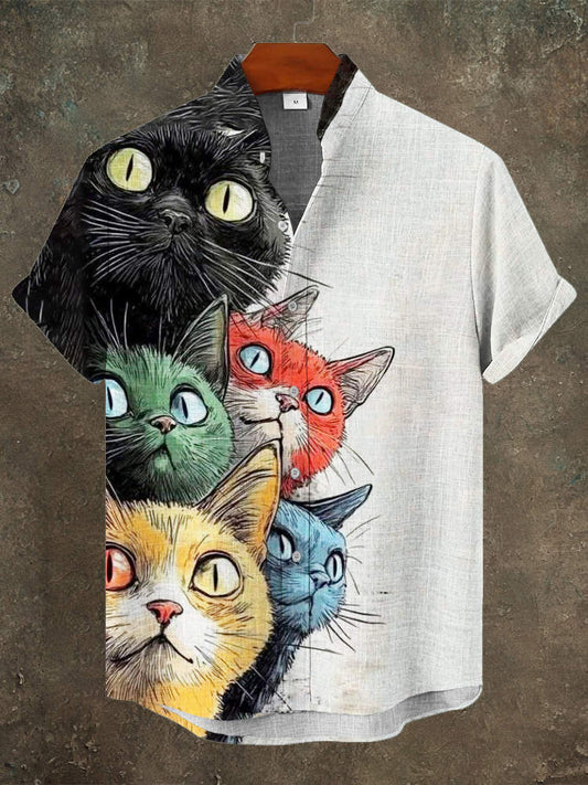 Japanese Cat Print Men's Linen Short Sleeve Shirt elevenforest