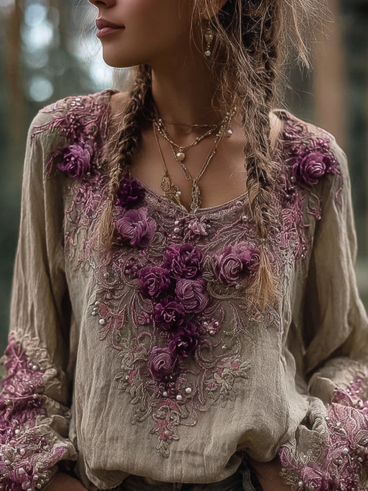 Bohemian Style Round Neck Long Sleeve 3d Purple Flower Design Cotton And Linen Top For Women artswardrobe
