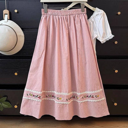 Women's Elegant Lace Flowers Embroidery Art Linen Blend Skirt artswardrobe