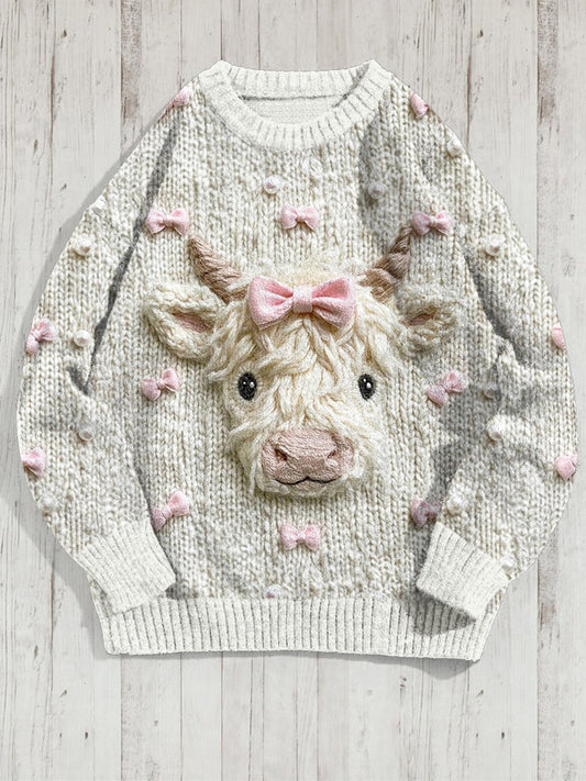 Cute Highland Cow Coquette Bow Knitted Cozy Sweater artswardrobe
