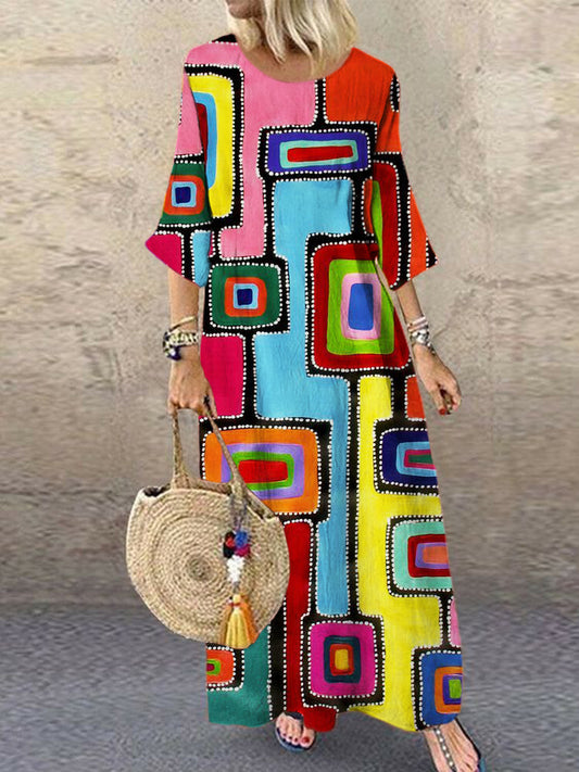 Comstylish Geometric Abstract Art Women's Linen Maxi Dress