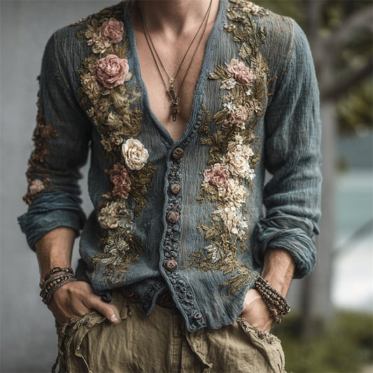 Men's Vintage Floral Fiber Art Comfy Knit Cardigan artswardrobe