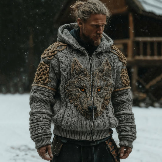 Men's Vintage Viking Wolf Pattern Zip Up Knit Hooded Sweater artswardrobe
