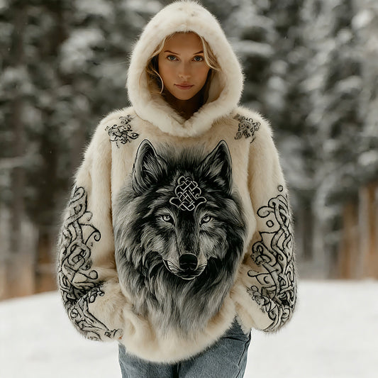 Comstylish Women's Vintage Viking Wolf Celtic Art Plush Cozy Hoodie