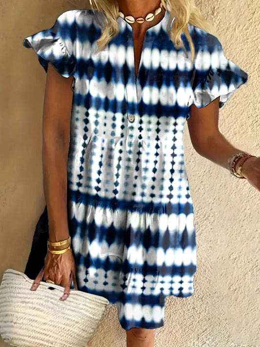Retro Tie-Dye Stripes Ruffled Short-sleeved V-neck Buttoned Dress Vacation Beach Dress
