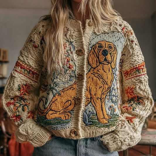 Comstylish Women's Vintage Cute Dog And Floral Art Warm Knit Cardigan