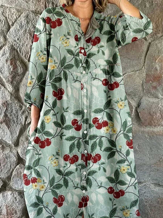 Women's Elegant Floral Pattern Cotton and Linen Dress