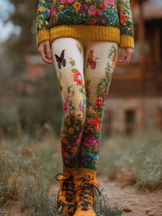 Comstylish Secret Garden Retro Women's Knitted Tight-fitting Leggings