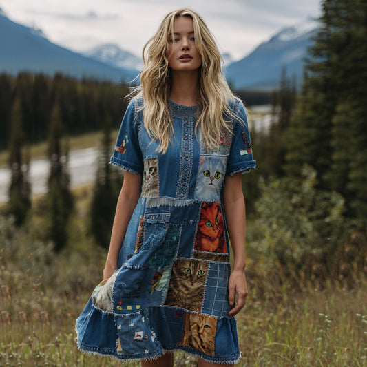 Women's Patchwork Cat Short Sleeve Round Collar Midi Dress elevenforest