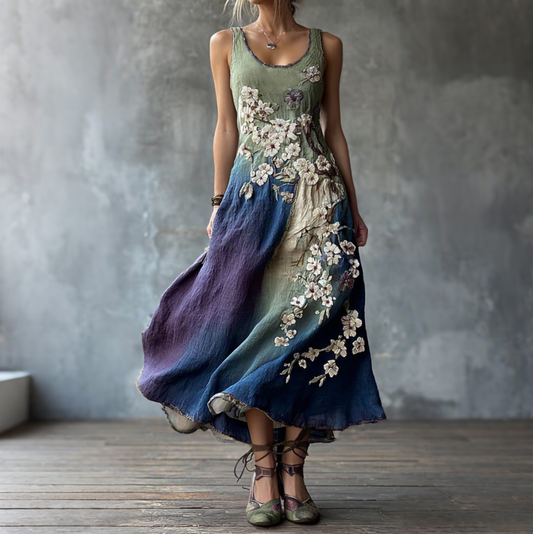 Classy Gradient Japanese Sakura Cherry Blossoms Embroidered Pattern Linen Round Neck Long Dress artswardrobe