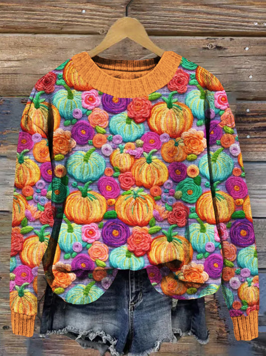 Bright Rainbow Pumpkins Embroidery Art Comfy Sweater artswardrobe