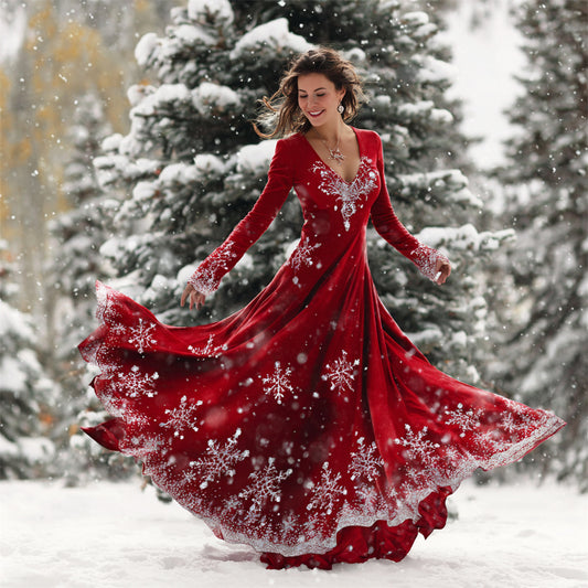 Comstylish Christmas Sparkling Snowflakes Art Women's V-neck Flannel Long Dress