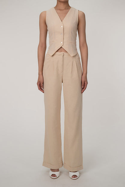 JO | Casual V-neck button front vest wide leg two-piece cotton pleated pants set