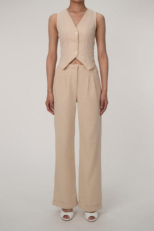 JO | Casual V-neck button front vest wide leg two-piece cotton pleated pants set