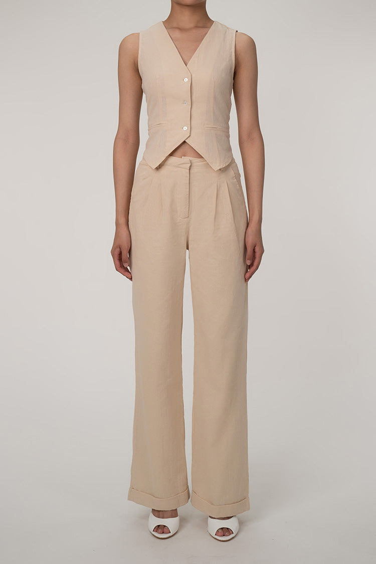 JO | Casual V-neck button front vest wide leg two-piece cotton pleated pants set