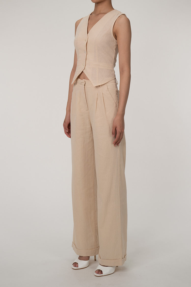 JO | Casual V-neck button front vest wide leg two-piece cotton pleated pants set