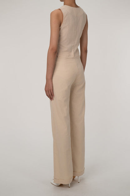 JO | Casual V-neck button front vest wide leg two-piece cotton pleated pants set