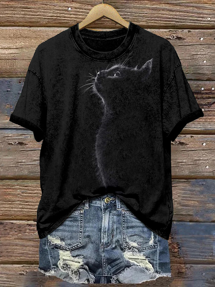 Cute Cat Silhouette Vintage Washed T Shirt elevenforest