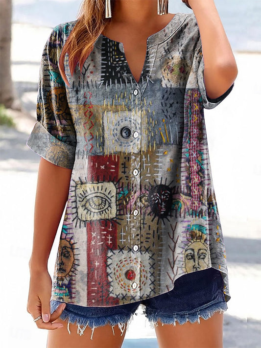 Women's Retro Hippie Ethnic Collage Art Print Casual Cotton and Linen