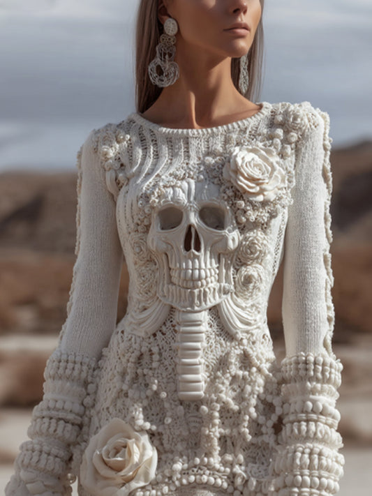 Comstylish Women's Halloween Anatomy Art And Flower Vintage White Round Neck Dress