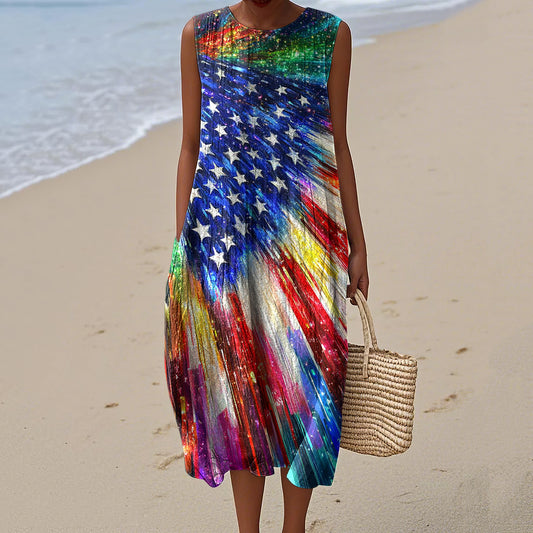 Women's Vintage Geometry Flag Print Sleeveless Casual Cotton Dress artswardrobe