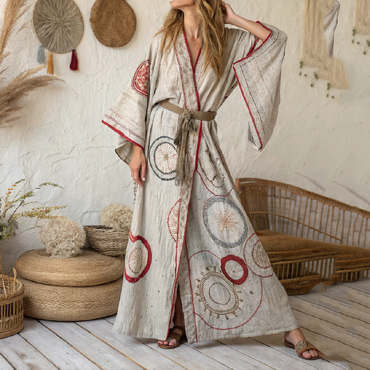 Women's Vintage Art  Linen V-neck Robe artswardrobe