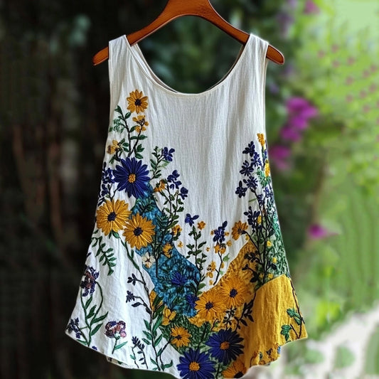 Floral Embroidered Sleeveless Linen Blend Tank Top artswardrobe