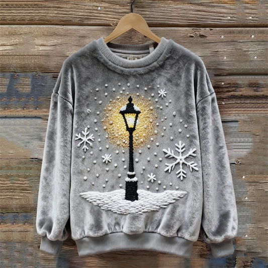 Comstylish Christmas Snowflakes & Street Light Embroidered Fuzzy Plush Sweatshirt