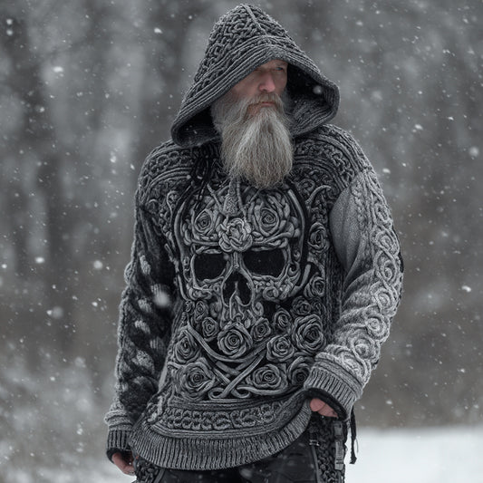 Men's Viking Tribal Jacquard Celtic With Rose And Skull Face Inspired Chunky Knit Hooded Sweater artswardrobe