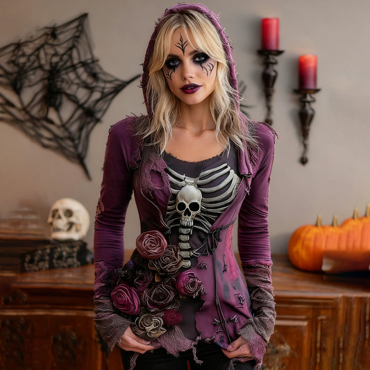 Comstylish Women's Halloween Rose Skull Witch Cosplay Hooded T-shirt