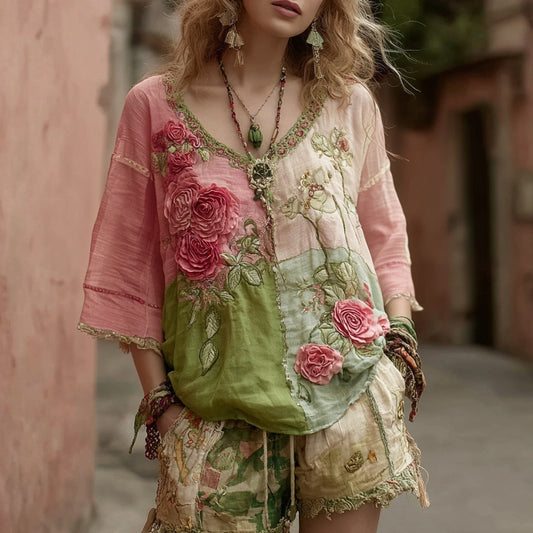 Women's Vintage Floral Embroidery Art V Neck Linen Comfy T-shirt artswardrobe