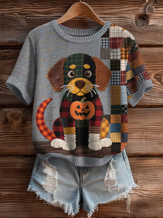 Comstylish Women's Casual Knitted Halloween Patchwork Puppy Short Sleeves Top