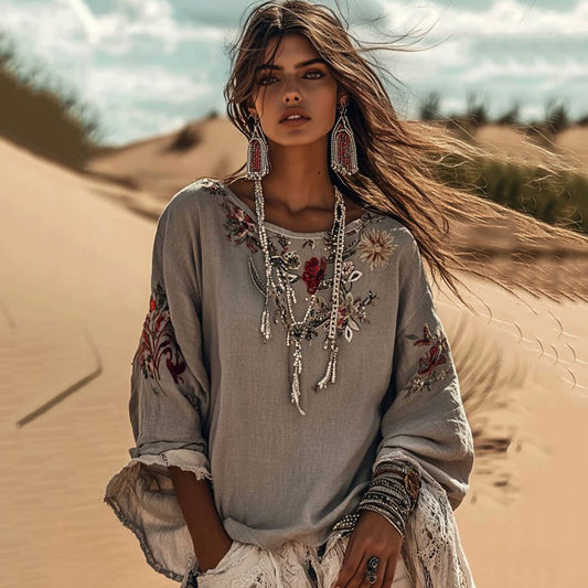 Vintage Floral Embroidered Art Crew Neck Comfy Shirt artswardrobe