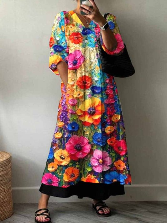 Women'S Art Rose Pattern Cotton Dress
