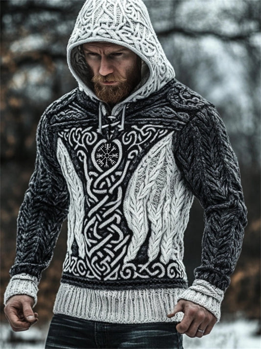 Men's Viking Vegvisir Celtic Contrast Chunky Hooded Sweater elevenforest