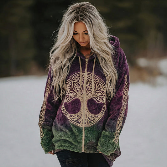 Comstylish Women's Vintage Viking Celtic Knot Tree Of Life Style Plush Zip-up Hoodie
